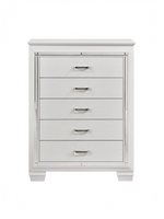 Commode haute TOCO Meubles Aurore blanche à 5 tiroirs avec texture imitation alligator et bordures en miroir biseauté