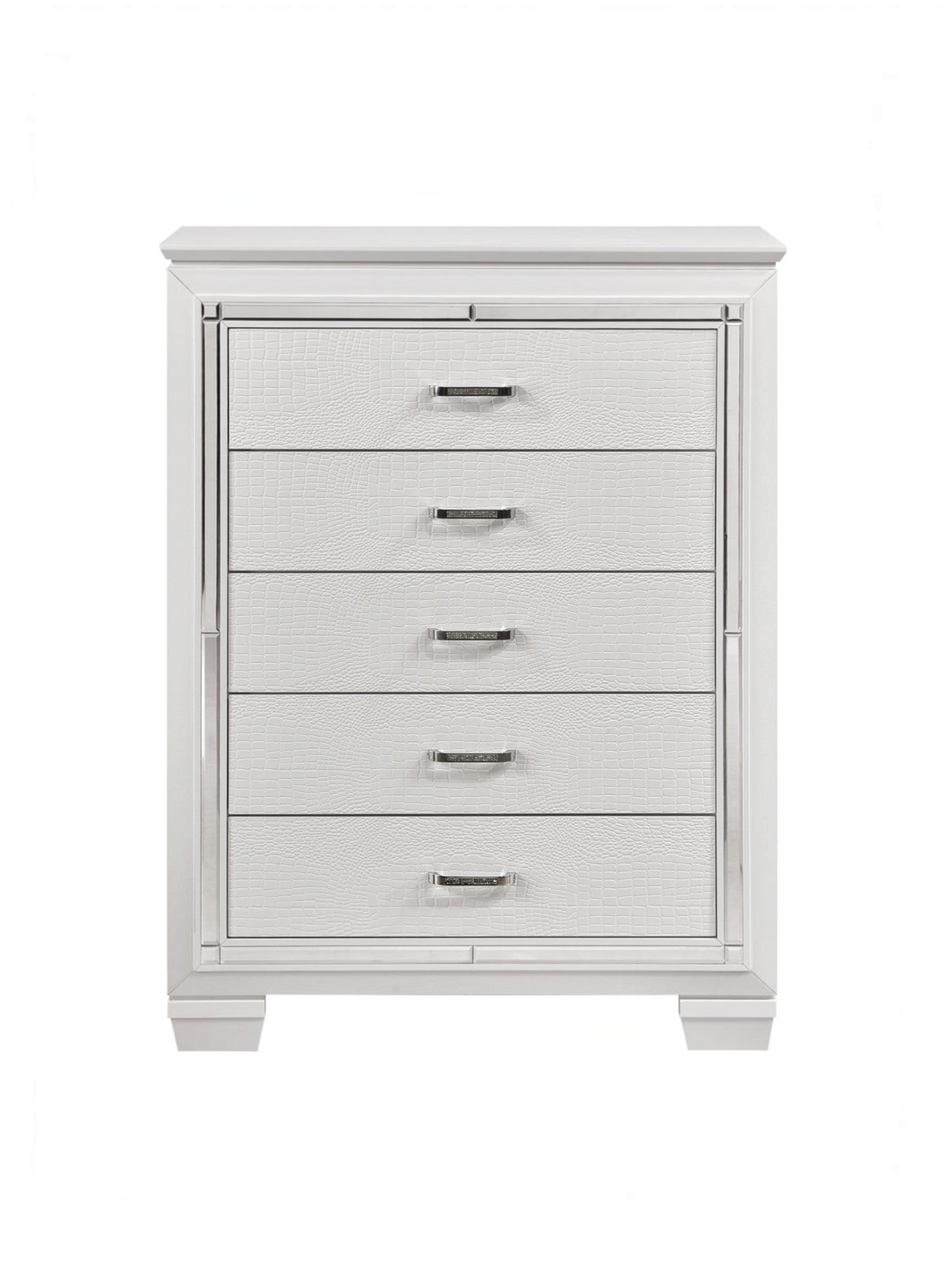 Commode haute TOCO Meubles Aurore blanche à 5 tiroirs avec texture imitation alligator et bordures en miroir biseauté
