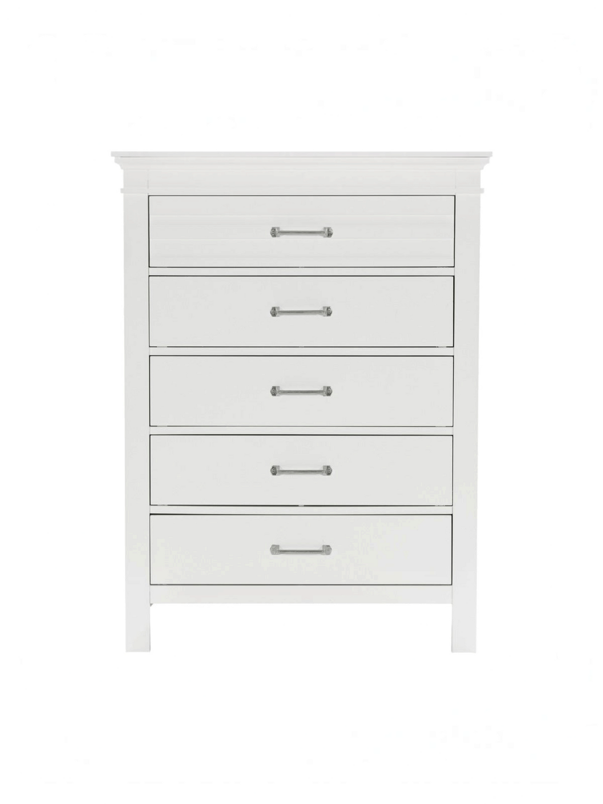 Commode haute Rosalie par TOCO Meubles en bois blanc avec cinq tiroirs et poignées chromées polies