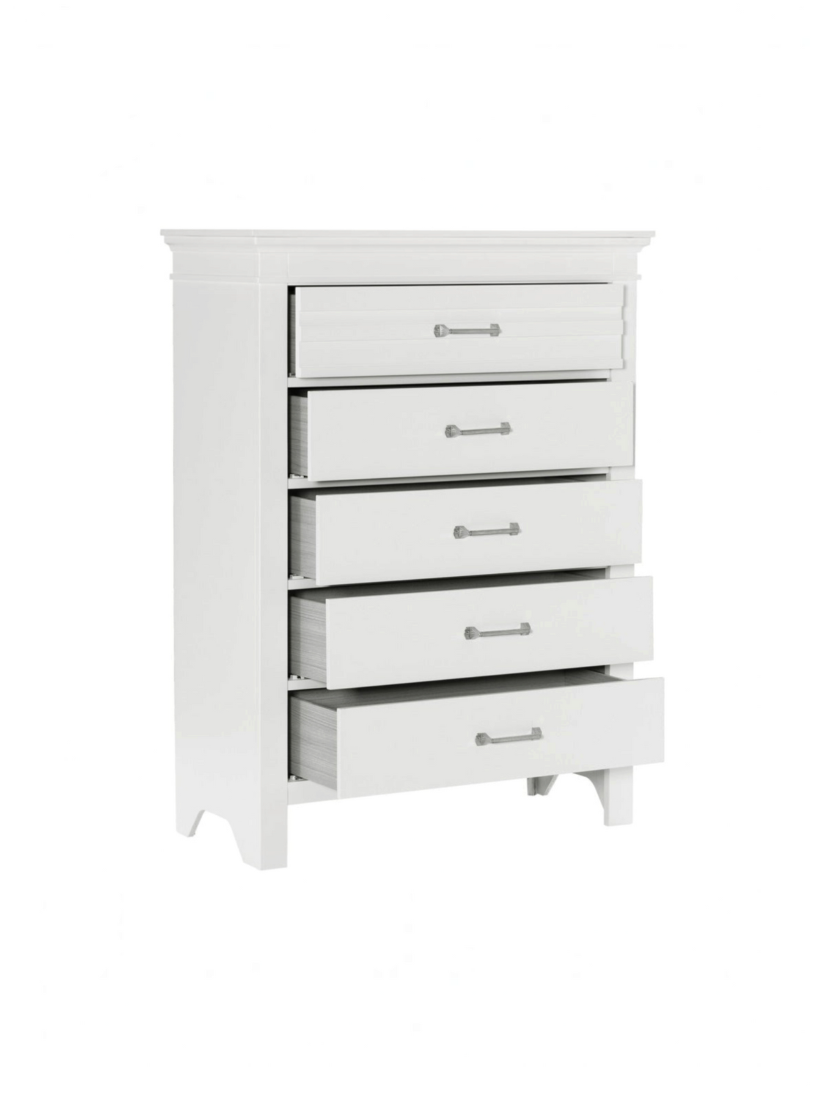 Commode haute TOCO Meubles Rosalie blanche à cinq tiroirs avec poignées en chrome poli sur fond blanc
