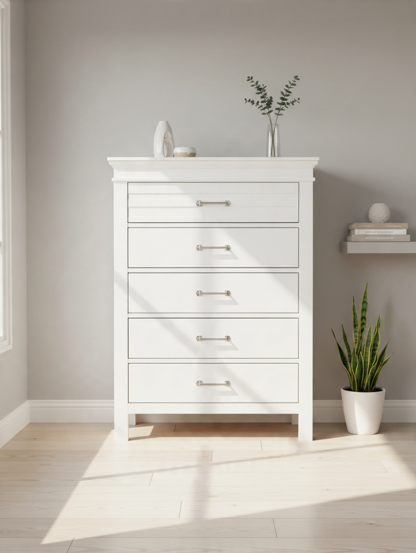 Commode haute blanche TOCO Meubles Rosalie avec cinq tiroirs et poignées chromées dans une chambre lumineuse