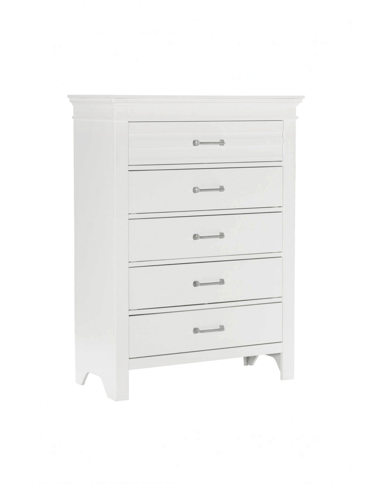 Commode haute TOCO Meubles Rosalie blanche à cinq tiroirs avec poignées chromées polies et moulures classiques