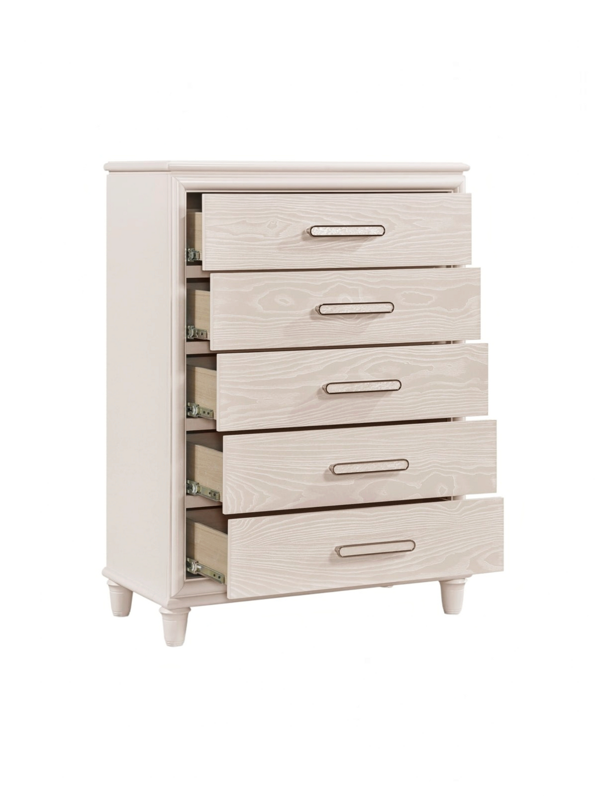 Commode haute Ariane par TOCO Meubles en bois blanc avec cinq tiroirs à façades embossées et poignées chromées