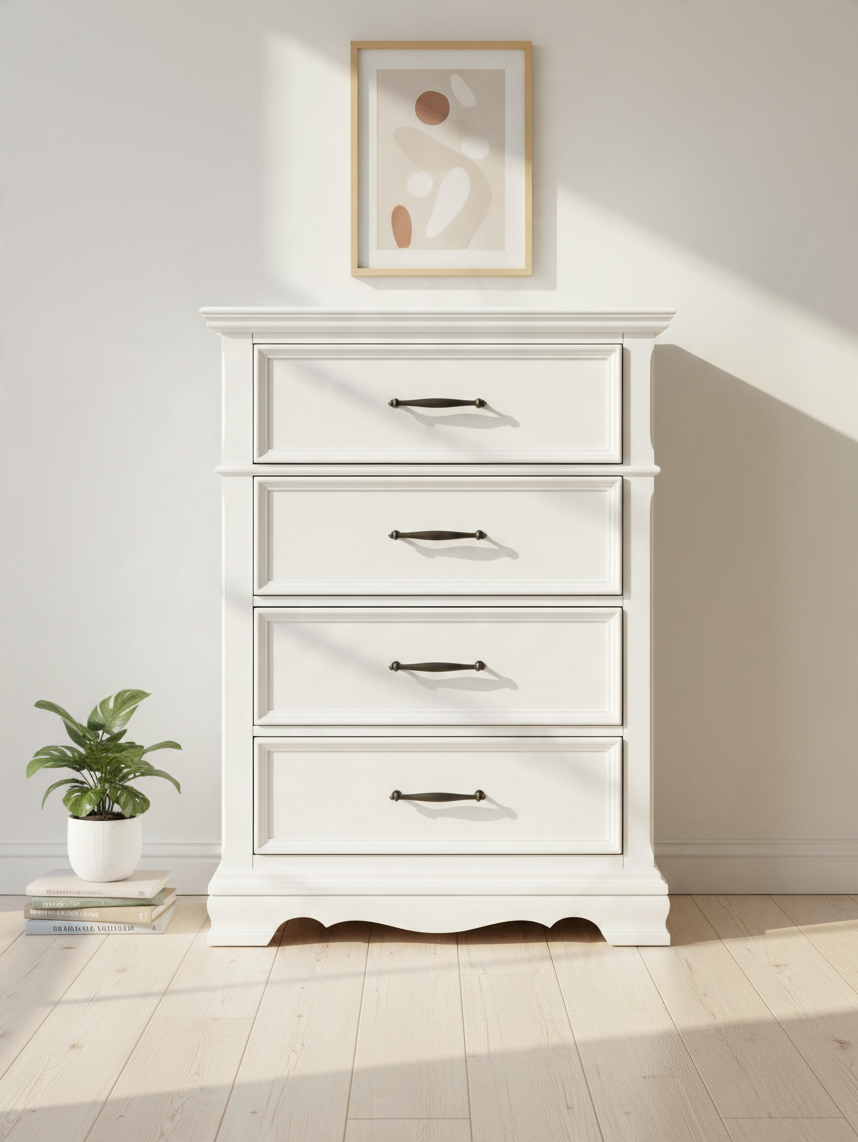 Commode haute TOCO Meubles Florence blanche à 4 tiroirs avec poignées en nickel noir dans une chambre lumineuse