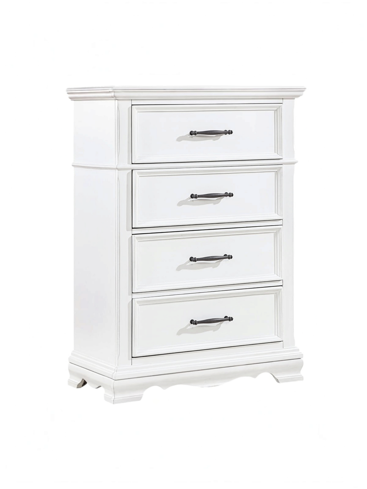 Commode haute Florence TOCO Meubles blanche à 4 tiroirs avec poignées en nickel noir sur fond blanc