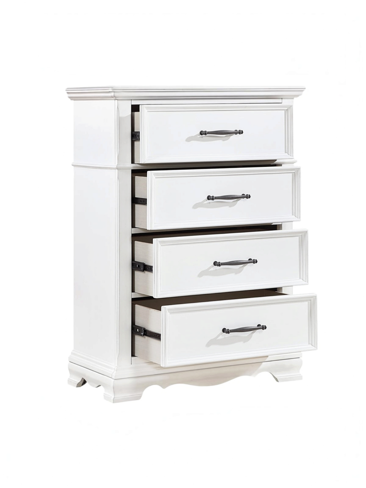 Commode haute TOCO Meubles Florence blanche à quatre tiroirs avec poignées en nickel noir sur fond blanc
