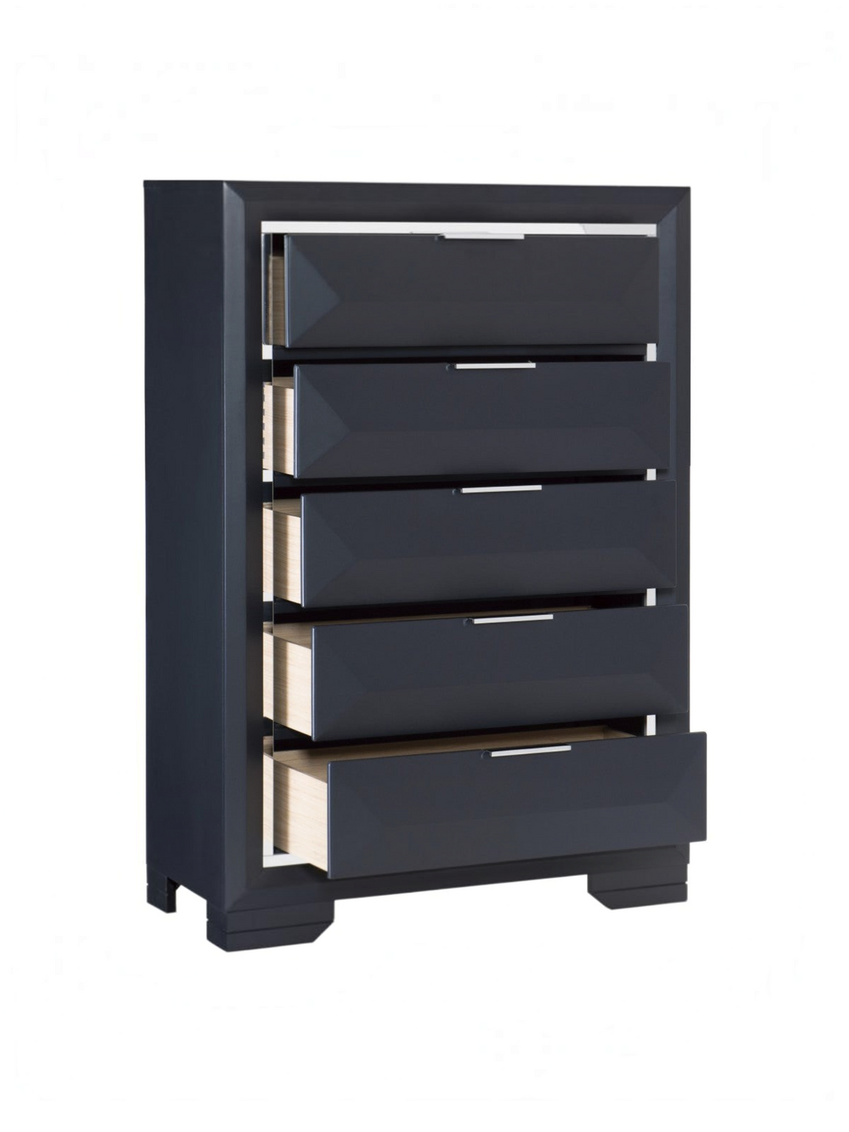Commode haute Maeva TOCO Meubles bleu nuit avec cinq tiroirs, bordures acryliques biseautées et poignées chromées