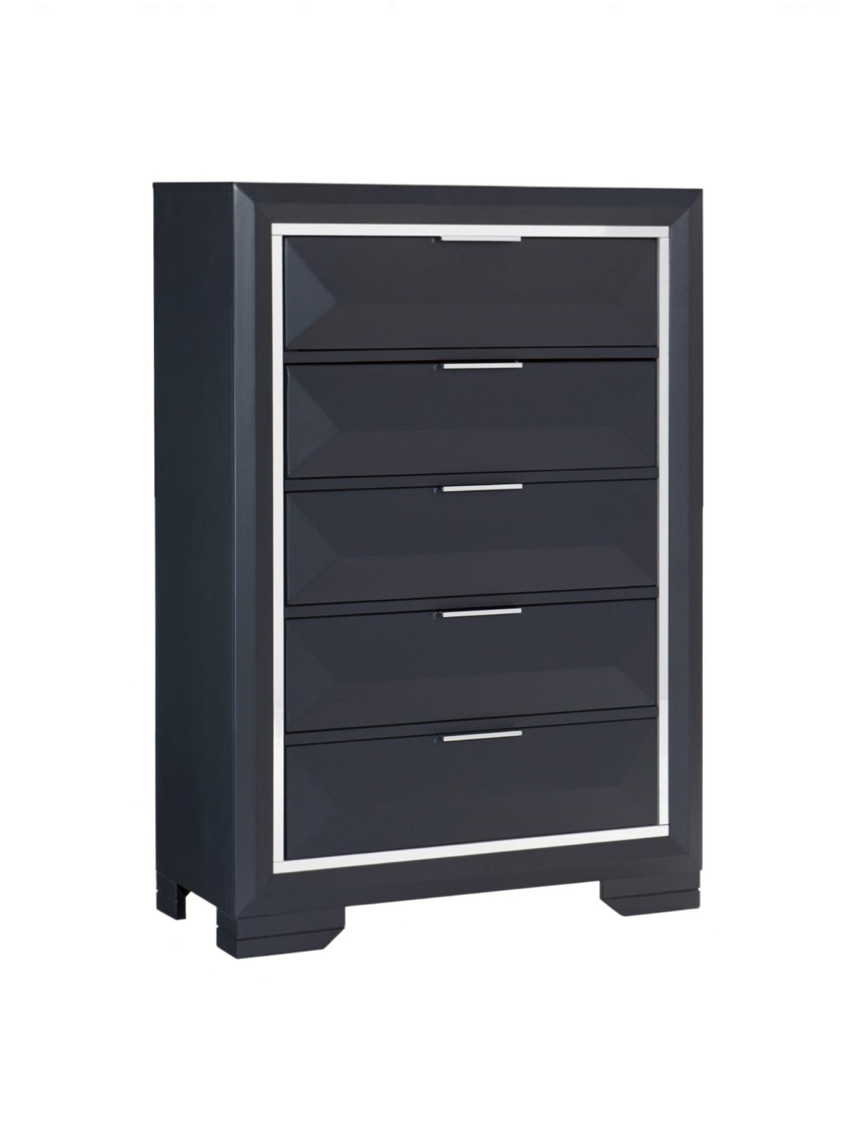 Commode haute Maeva TOCO Meubles bleu nuit avec cinq tiroirs, bordures acryliques biseautées et poignées chromées