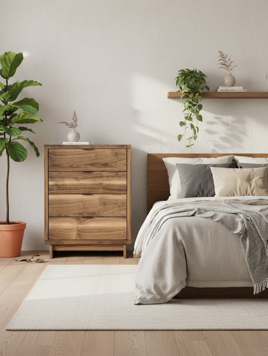 Commode haute Alma TOCO Meubles en bois avec 4 tiroirs dans une chambre contemporaine lumineuse
