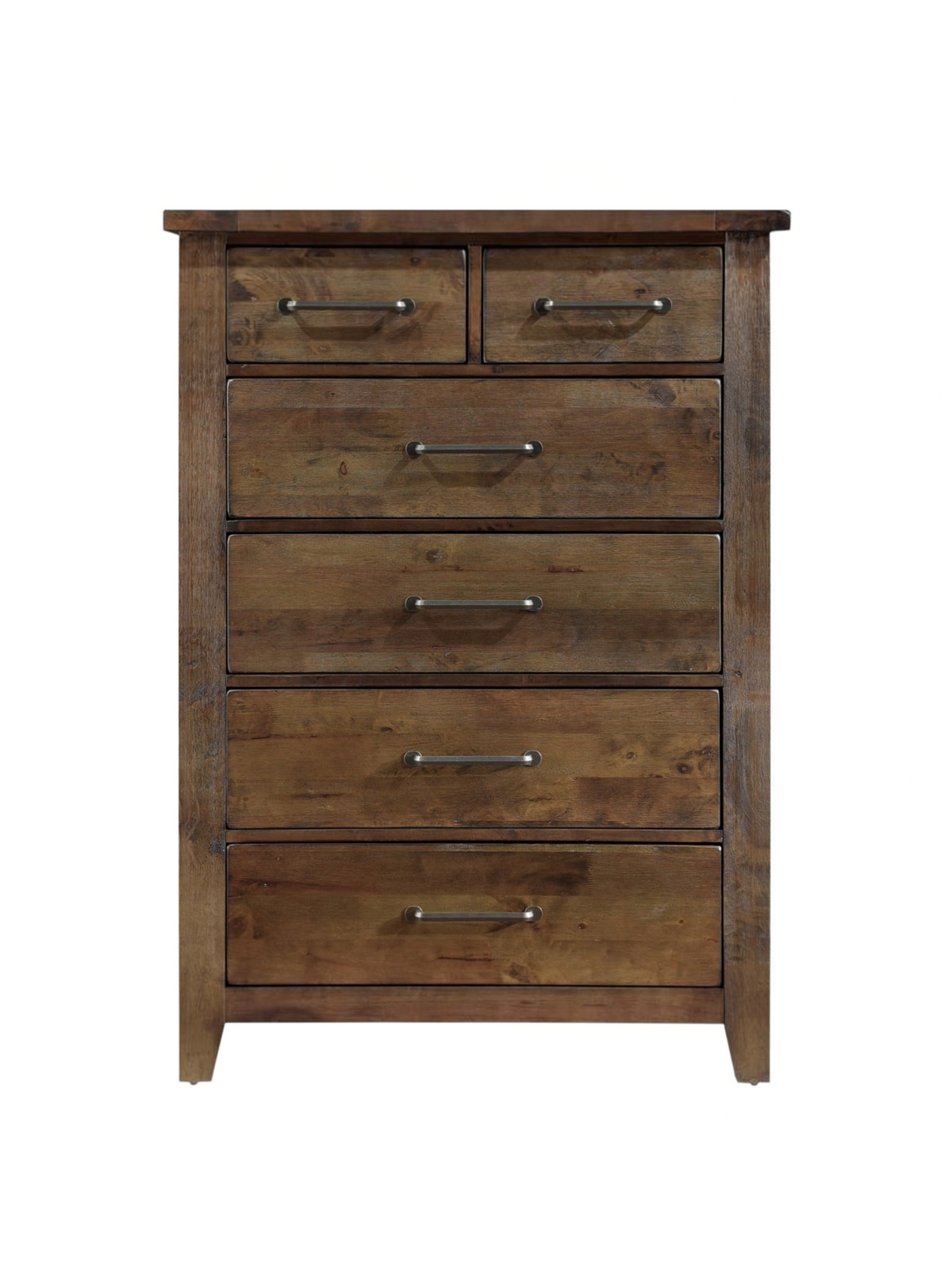 Commode haute Jules TOCO Meubles en bois d'hévéa massif brun bruni avec six tiroirs et poignées en laiton antique