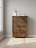 Commode haute Jules TOCO Meubles en bois d'hévéa brun bruni avec six tiroirs et poignées en laiton antique