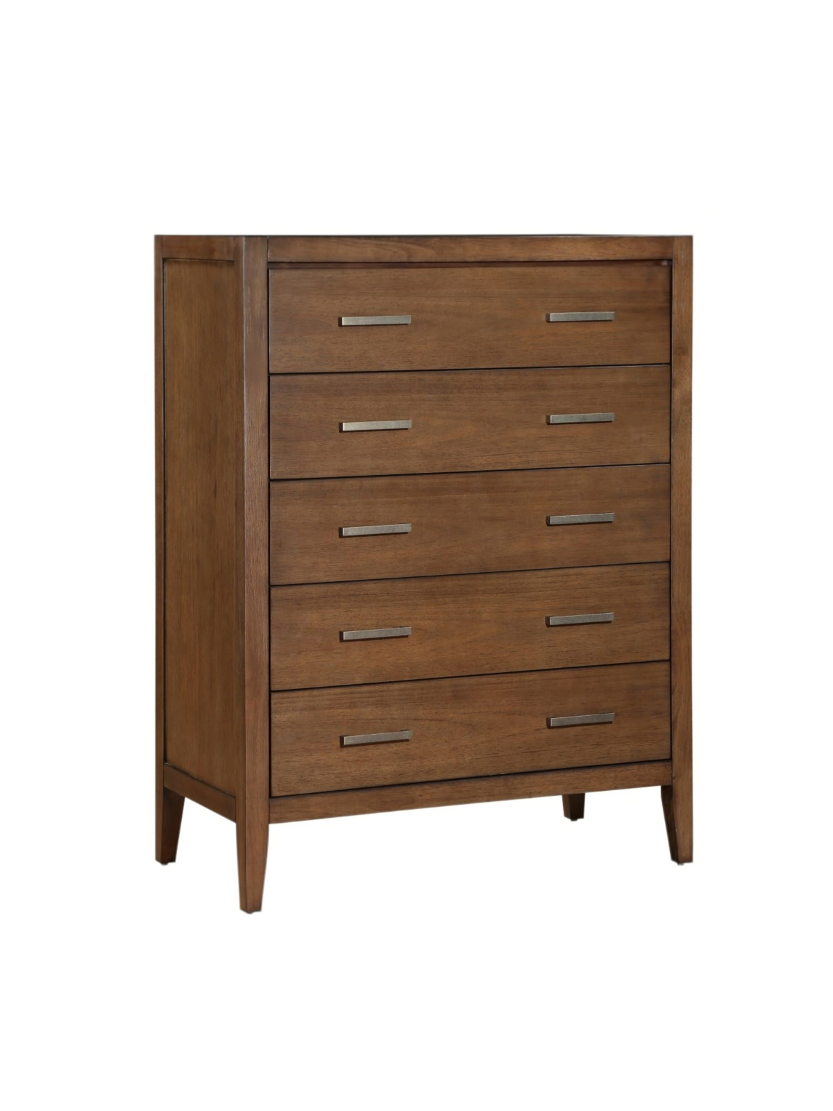 Commode haute TOCO Meubles Antoine à cinq tiroirs en bois brun clair brossé avec poignées en laiton antique