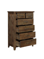 Commode haute Jules TOCO Meubles en bois d'hévéa brun bruni avec six tiroirs et poignées en laiton antique