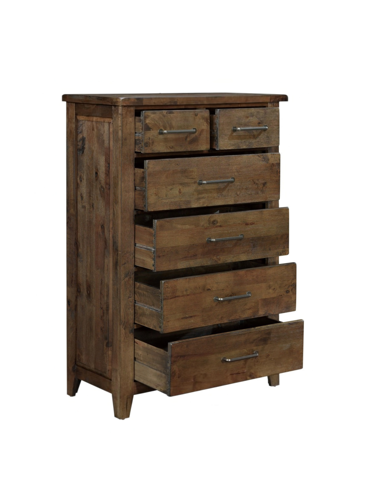 Commode haute Jules TOCO Meubles en bois d'hévéa brun bruni avec six tiroirs et poignées en laiton antique