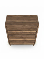 Commode haute TOCO Meubles Alma 5 tiroirs en bois foncé avec veinage apparent et design contemporain