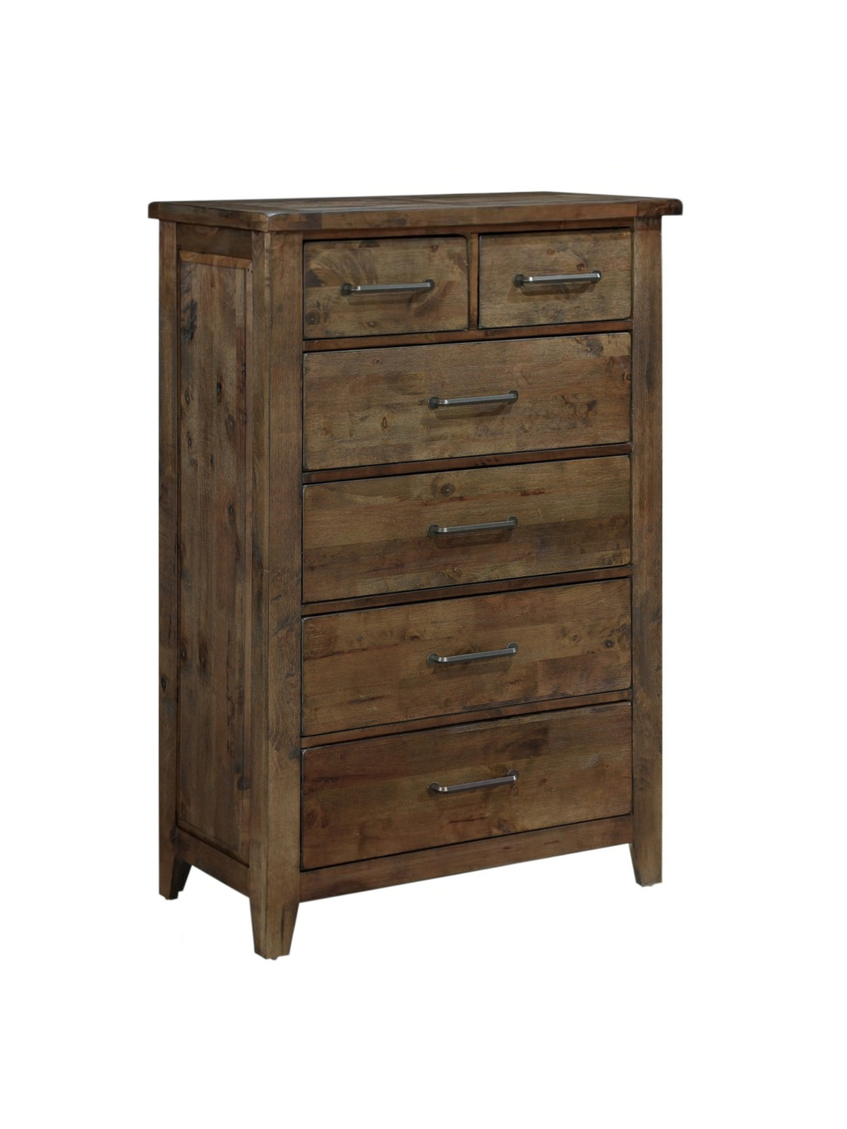 Commode haute Jules TOCO Meubles en bois d'hévéa massif brun bruni avec six tiroirs et poignées en laiton antique