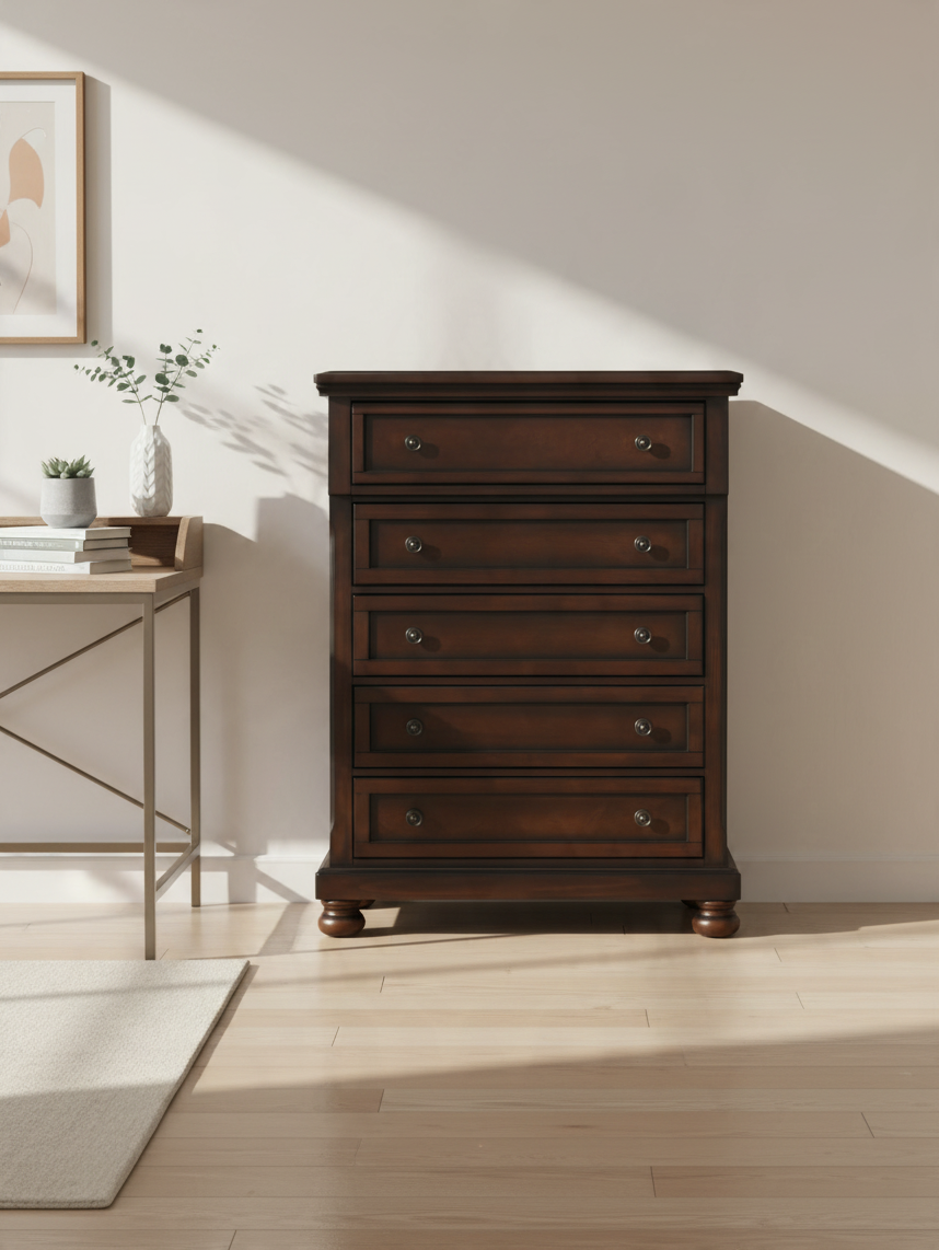 Commode haute Talia TOCO Meubles en placage de bouleau fini cerisier brun avec cinq tiroirs et pieds boule