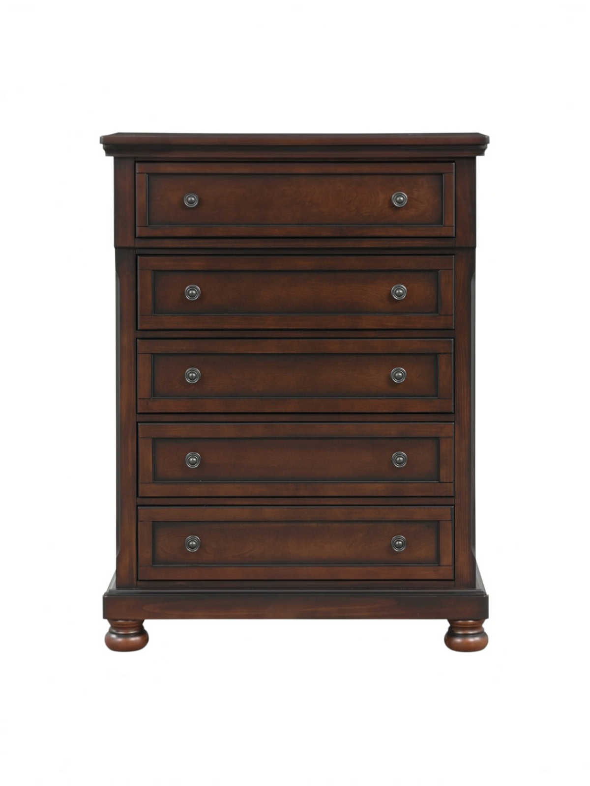Commode haute TOCO Meubles Talia en bois fini cerisier brun avec cinq tiroirs et pieds boule décoratifs