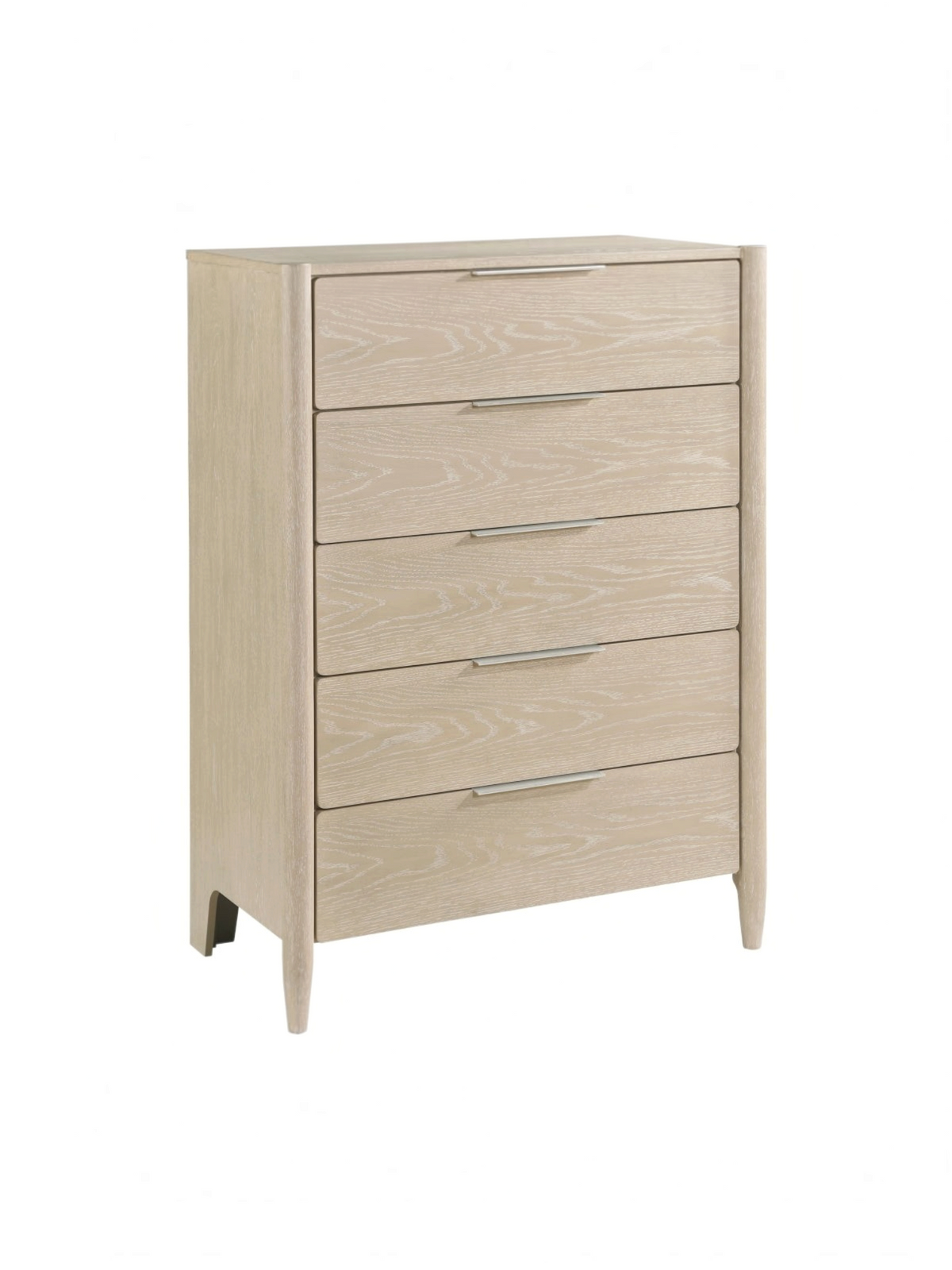 Commode haute TOCO Meubles Laurent en placage de chêne clair avec cinq tiroirs et poignées en nickel