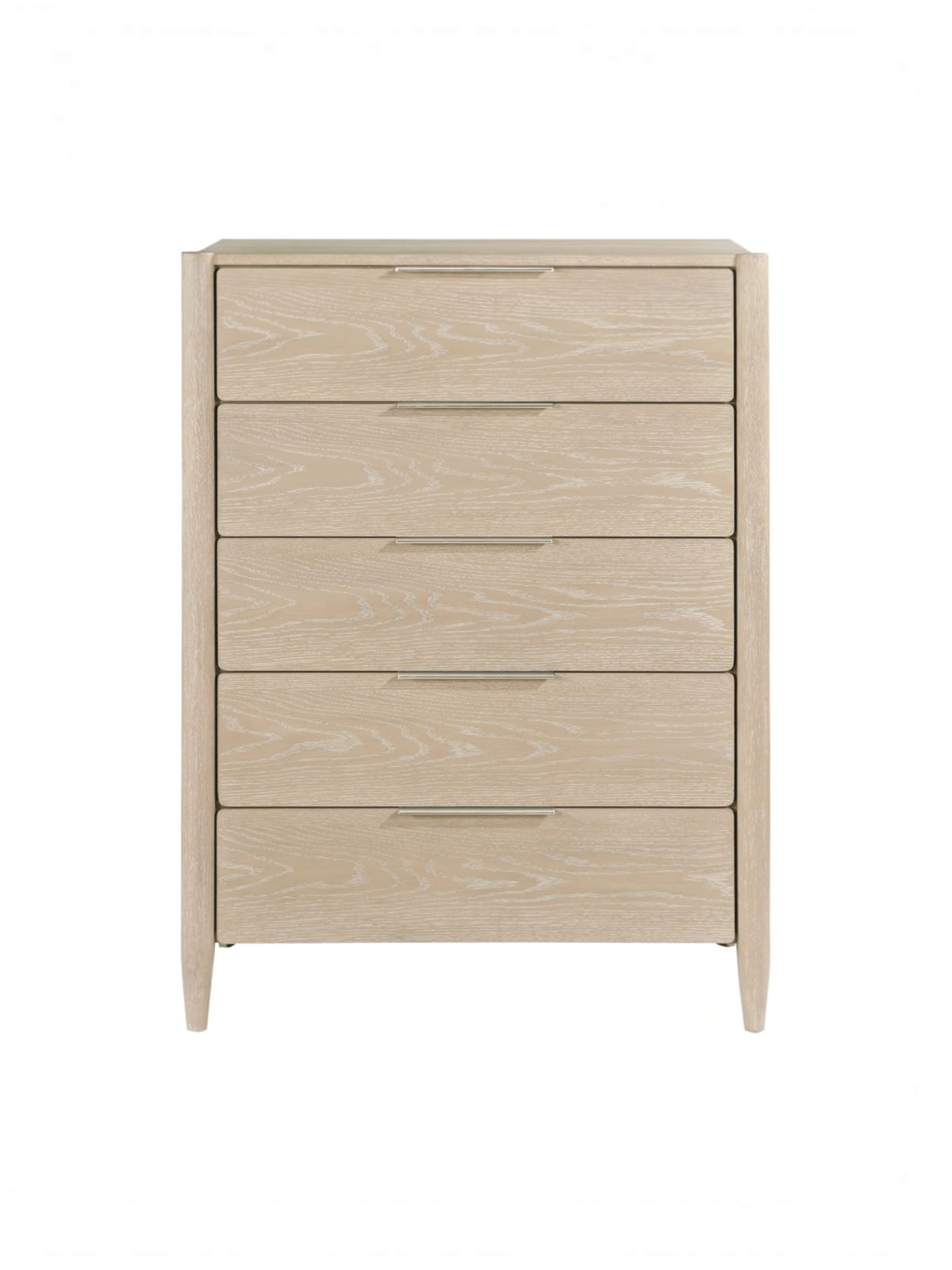 Commode haute TOCO Meubles Laurent en placage de chêne clair avec cinq tiroirs et poignées en nickel