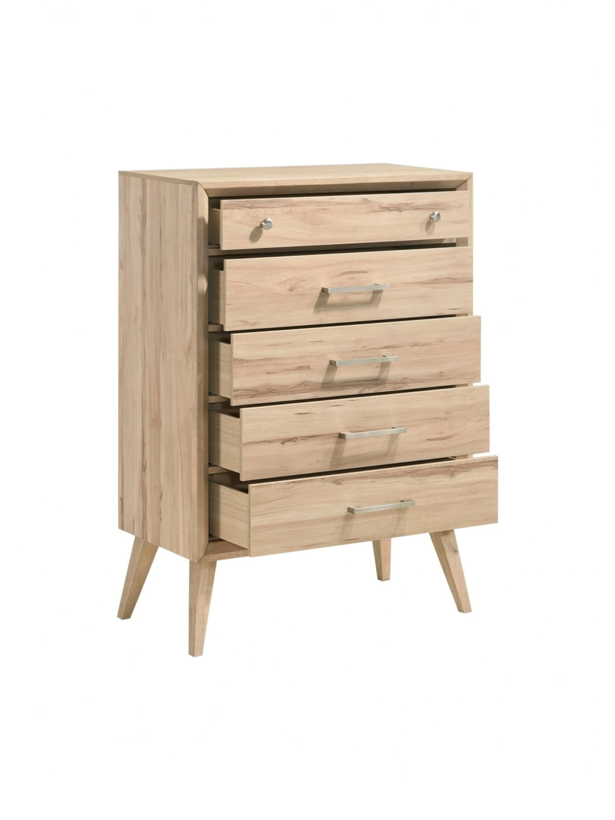 Commode haute TOCO Meubles Joaquin en chêne naturel avec cinq tiroirs et poignées en nickel brossé style mid-century