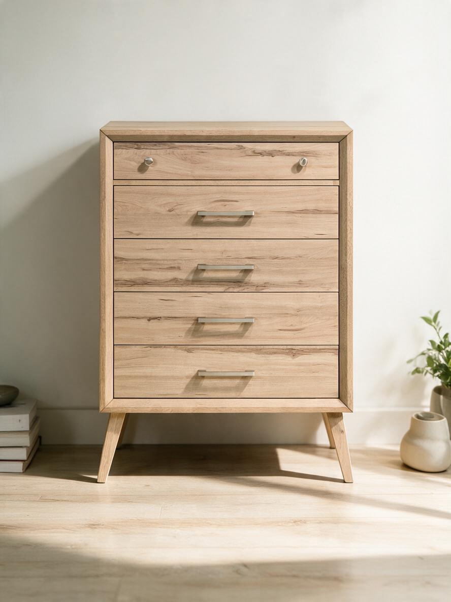 Commode haute TOCO Meubles Joaquin en chêne naturel avec cinq tiroirs et poignées en nickel brossé style mid-century