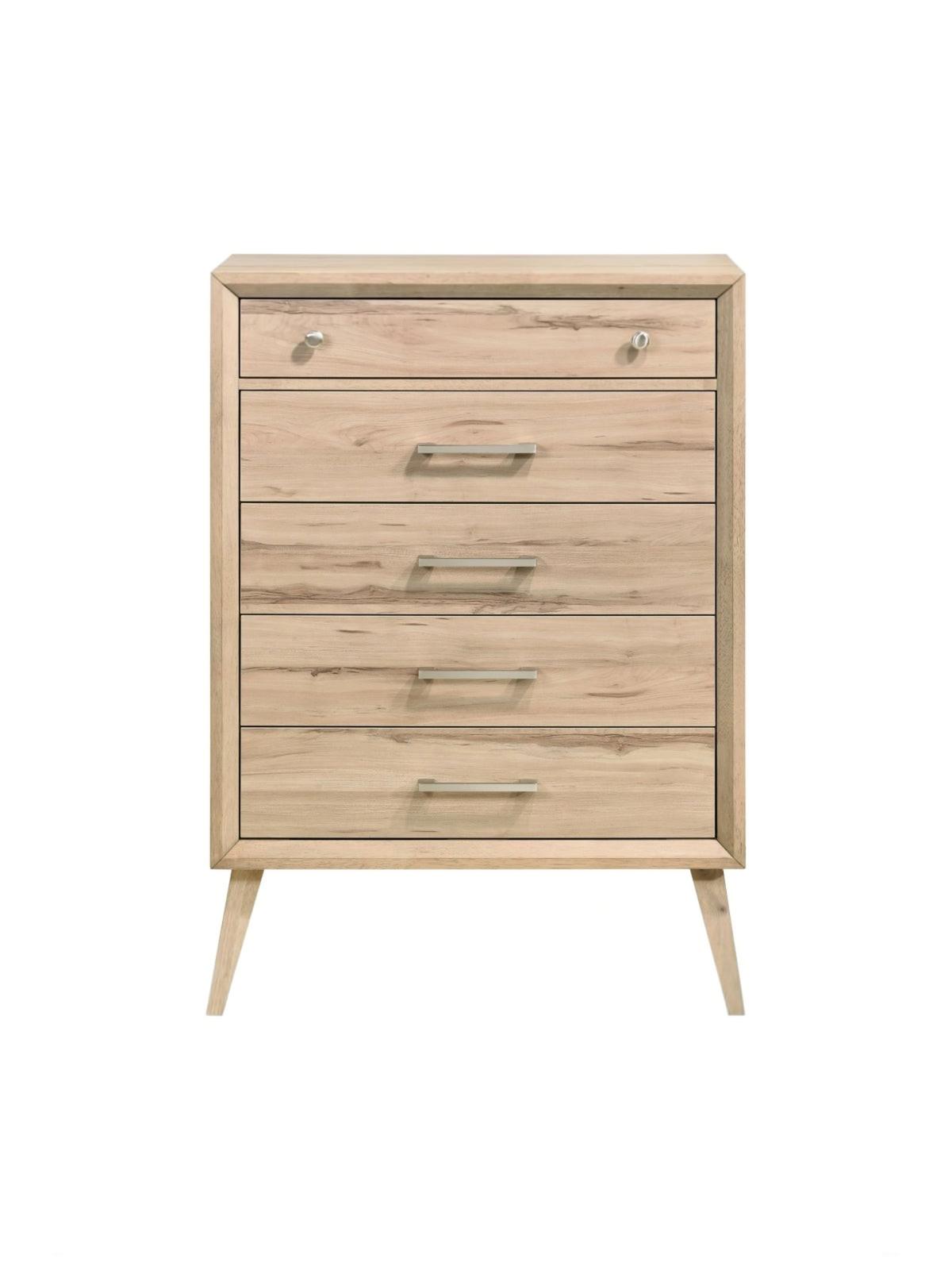 Commode haute Joaquin TOCO Meubles en chêne naturel avec cinq tiroirs et poignées en nickel brossé style mid-century