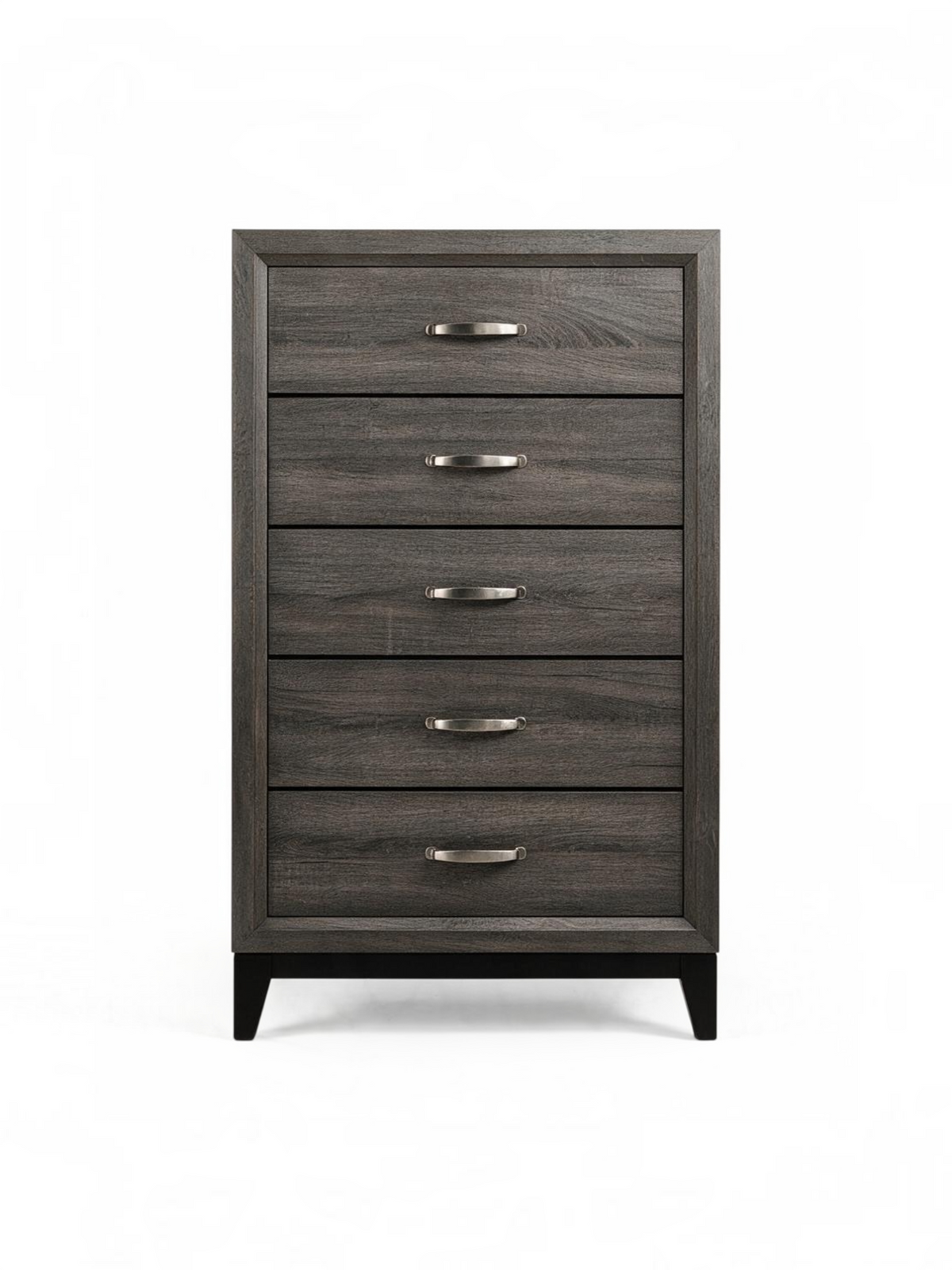 Commode haute Elio TOCO Meubles à cinq tiroirs en fini gris grain de bois avec poignées barres en chrome poli
