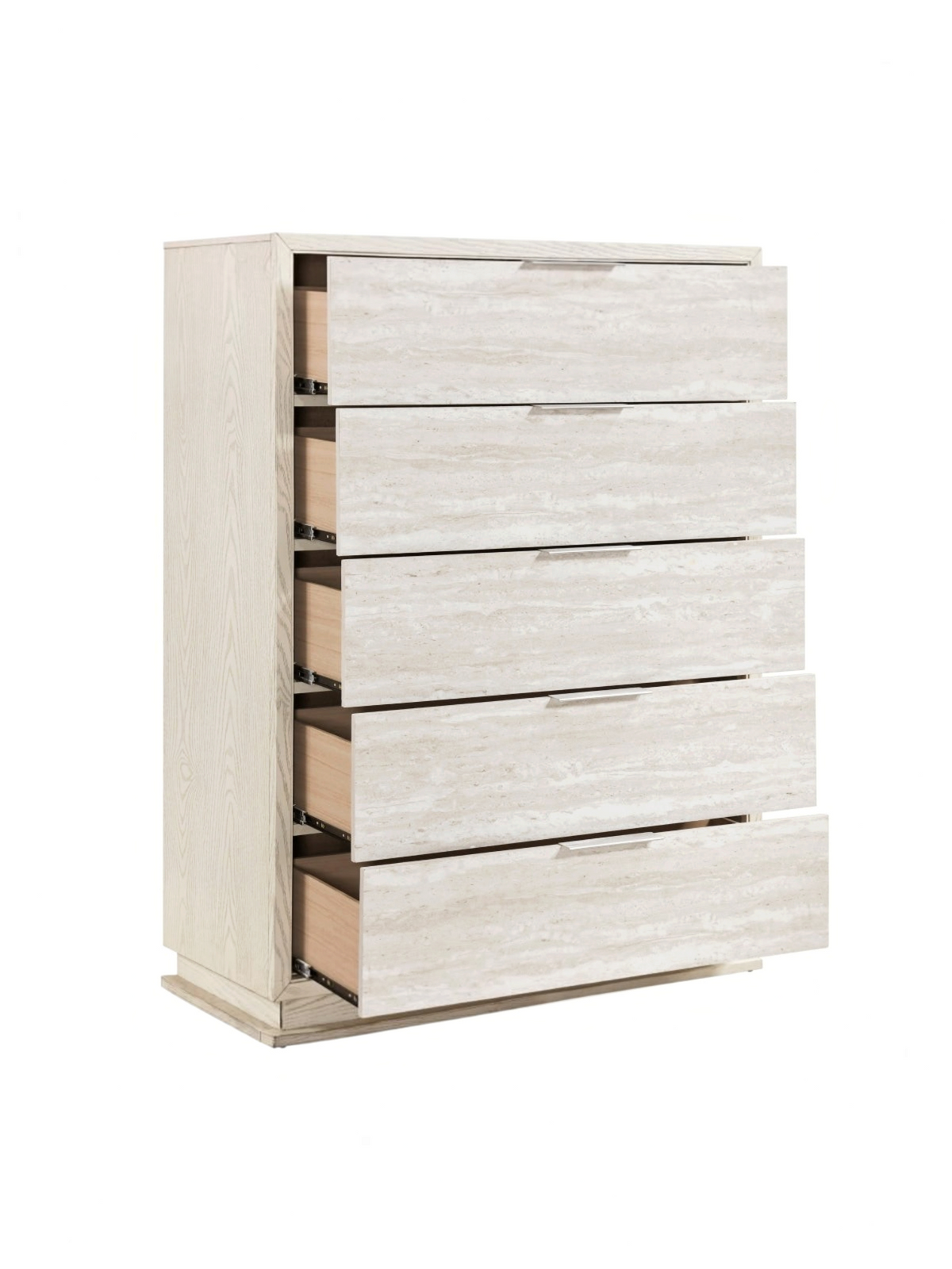 Commode haute TOCO Meubles Éloïse à cinq tiroirs avec façades gris pâle texturées et cadre blanc