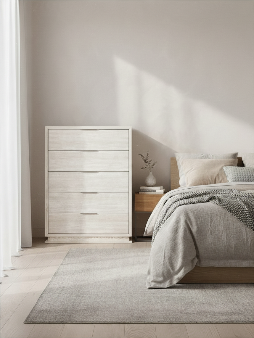 Commode haute TOCO Meubles Eloïse à cinq tiroirs avec cadre blanc et façades gris pâle texturées dans une chambre