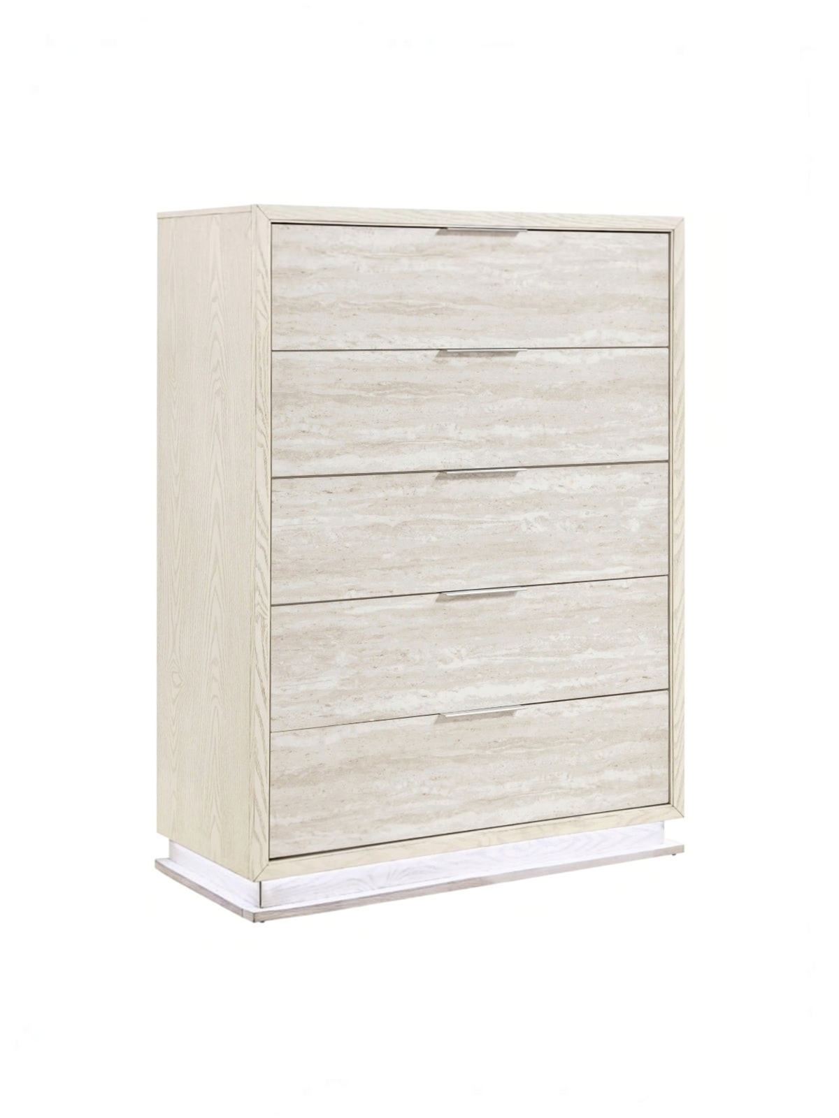 Commode haute TOCO Meubles Éloïse avec cinq tiroirs, cadre blanc et façades gris pâle texturées, style moderne.