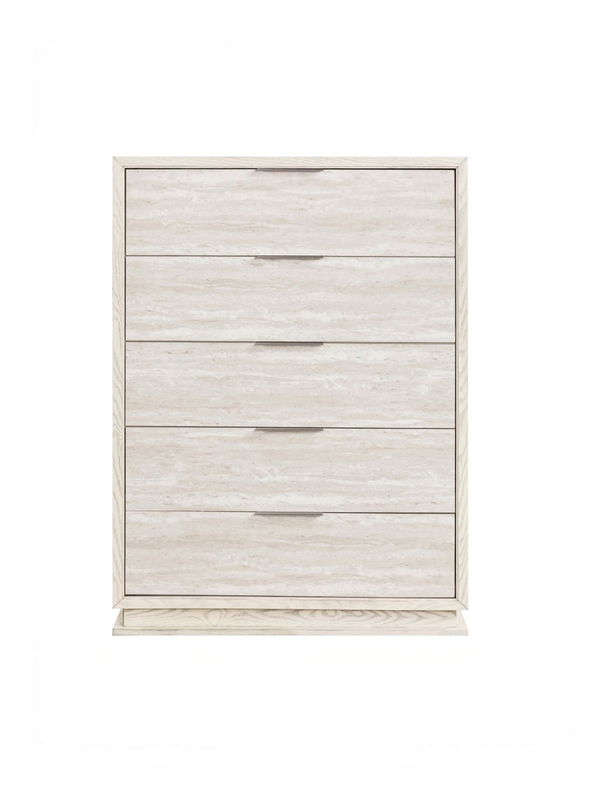 Commode haute TOCO Meubles Éloïse avec cinq tiroirs, cadre blanc et façades gris pâle texturées, éclairage DEL inclus.