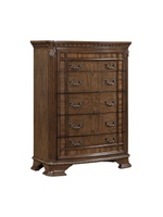 Commode haute TOCO Meubles Émile en bois brun foncé avec cinq tiroirs, moulures sculptées et poignées en bronze