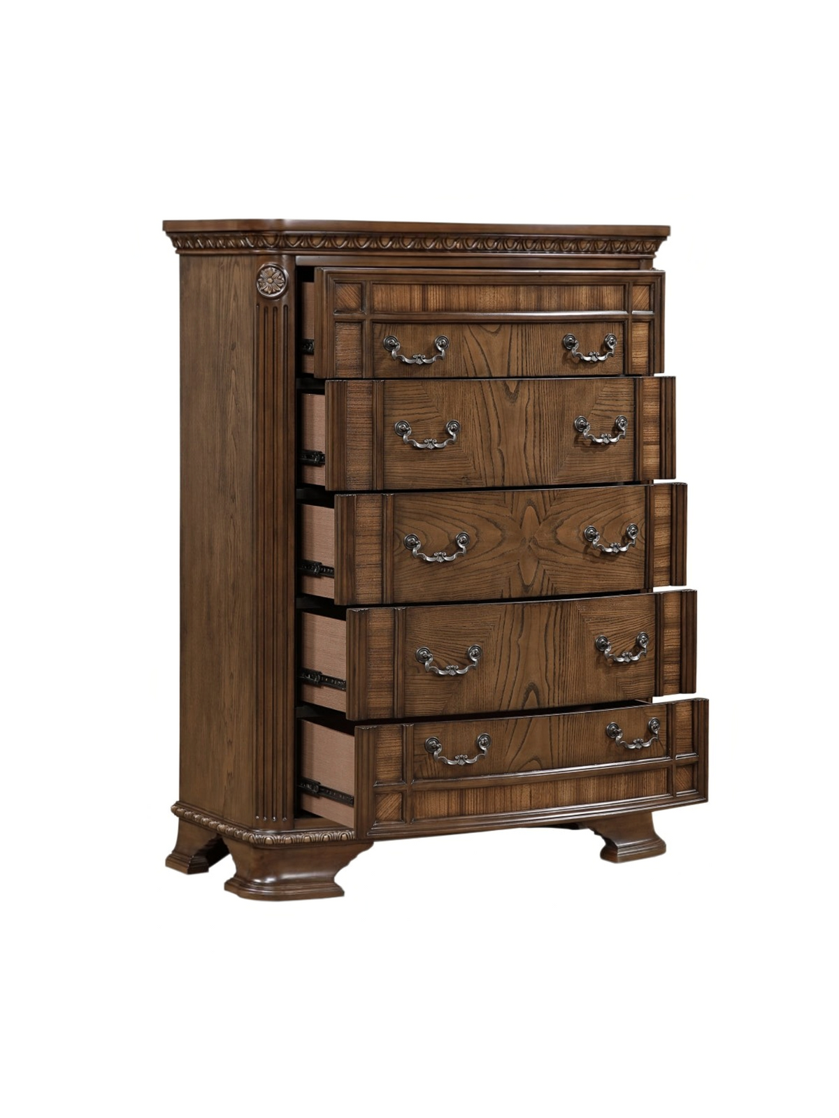Commode haute TOCO Meubles Émile en bois brun foncé avec cinq tiroirs, moulures sculptées et poignées en bronze.