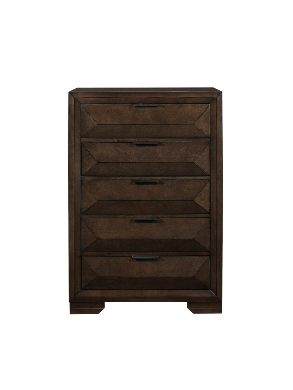 Commode haute Basile TOCO Meubles en placage de bouleau fini espresso avec cinq tiroirs et poignées bronze foncé