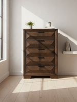 Commode haute Basile TOCO Meubles en placage de bouleau fini espresso avec cinq tiroirs et poignées bronze foncé