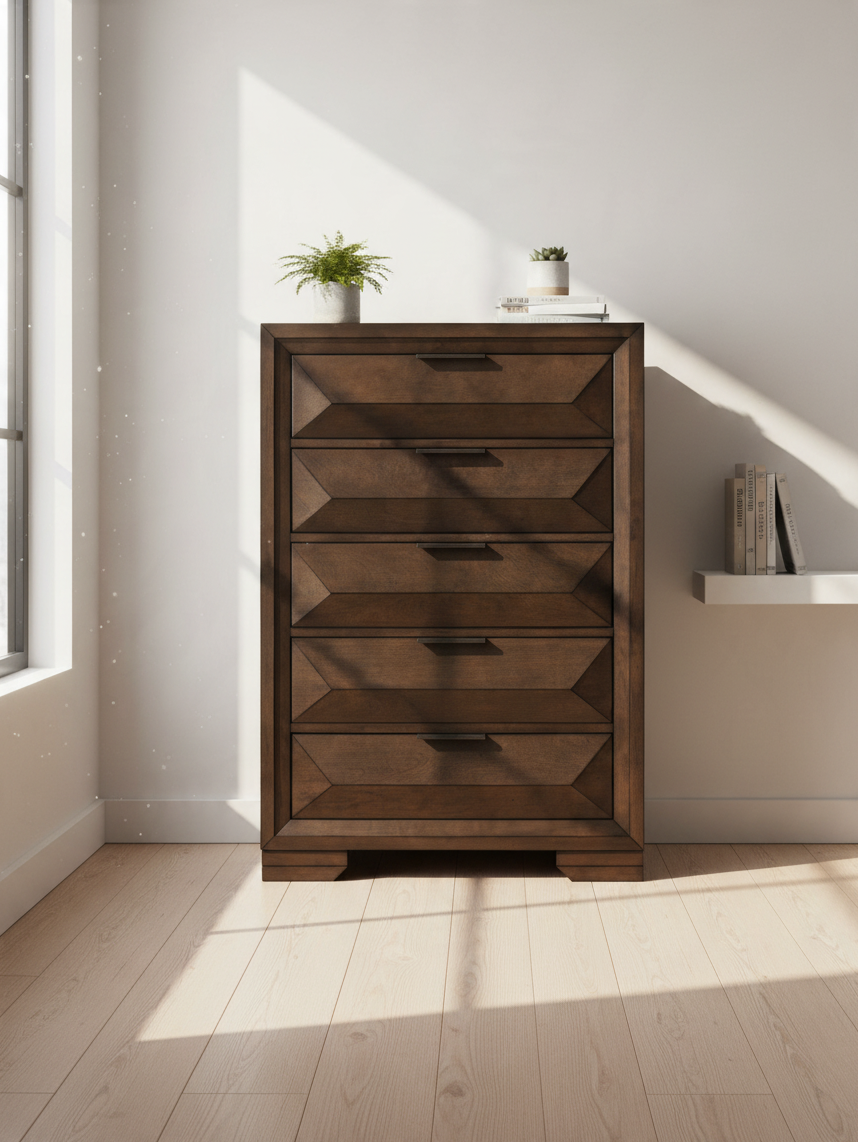 Commode haute Basile TOCO Meubles en placage de bouleau fini espresso avec cinq tiroirs et poignées bronze foncé