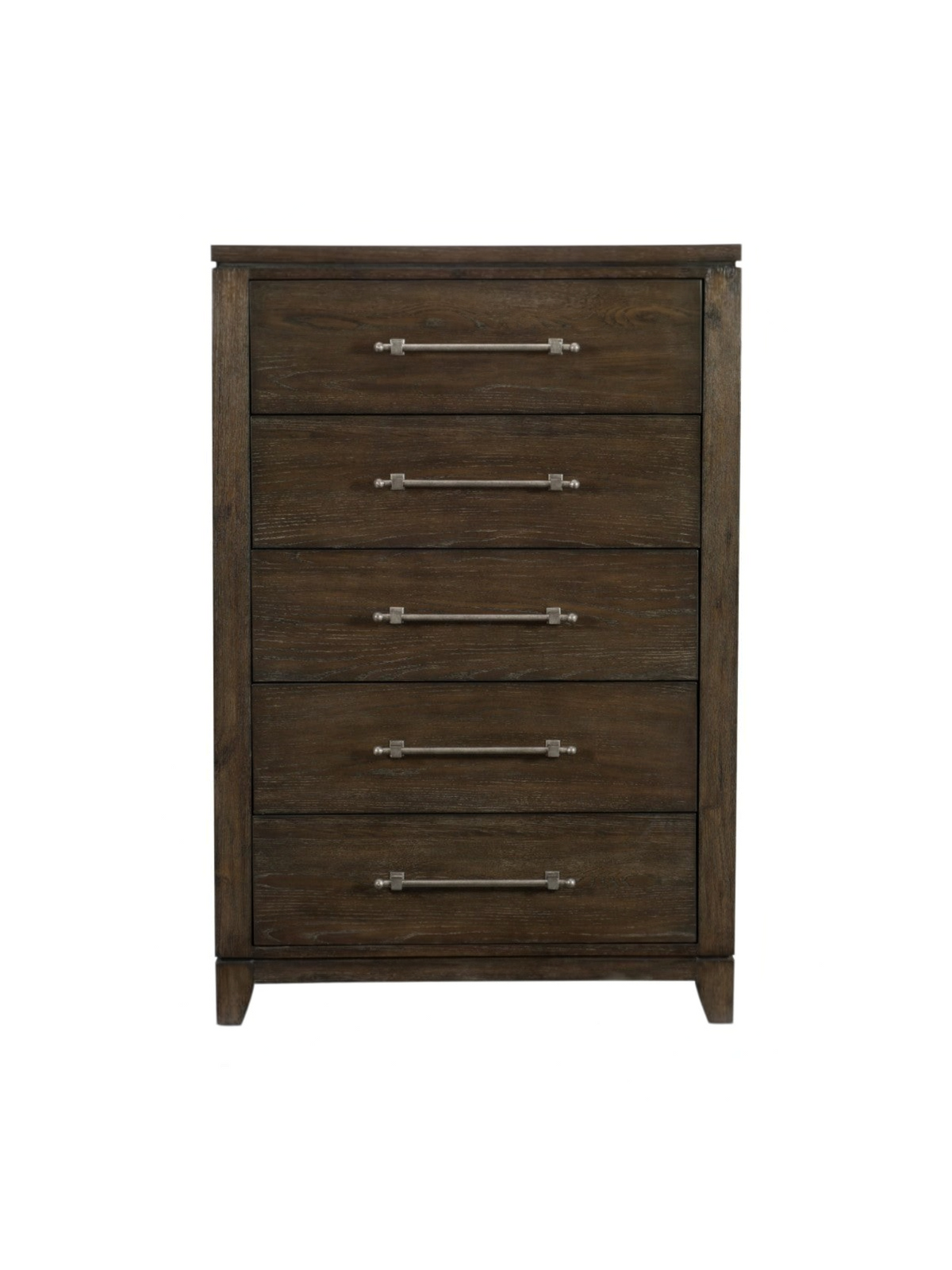 Commode haute Gaston TOCO Meubles en placage de frêne brun foncé avec cinq tiroirs et poignées en étain vieilli