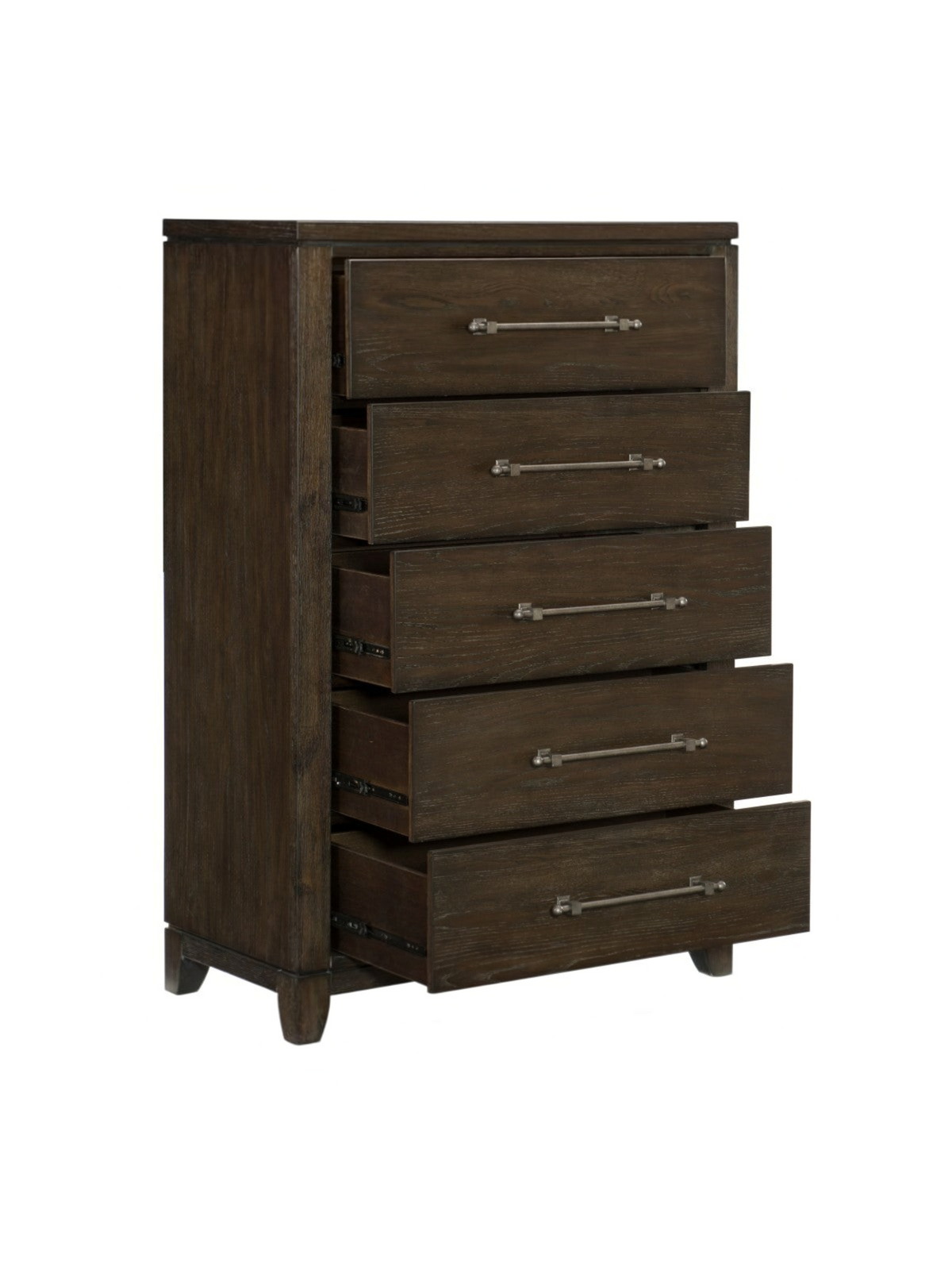 Commode haute Gaston TOCO Meubles en placage de frêne brun foncé avec cinq tiroirs et poignées en étain vieilli