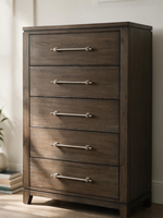 Commode haute Gaston TOCO Meubles en placage de frêne brun foncé avec cinq tiroirs et poignées en étain vieilli