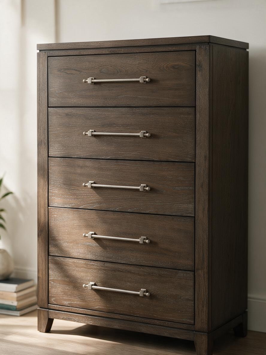 Commode haute Gaston TOCO Meubles en placage de frêne brun foncé avec cinq tiroirs et poignées en étain vieilli