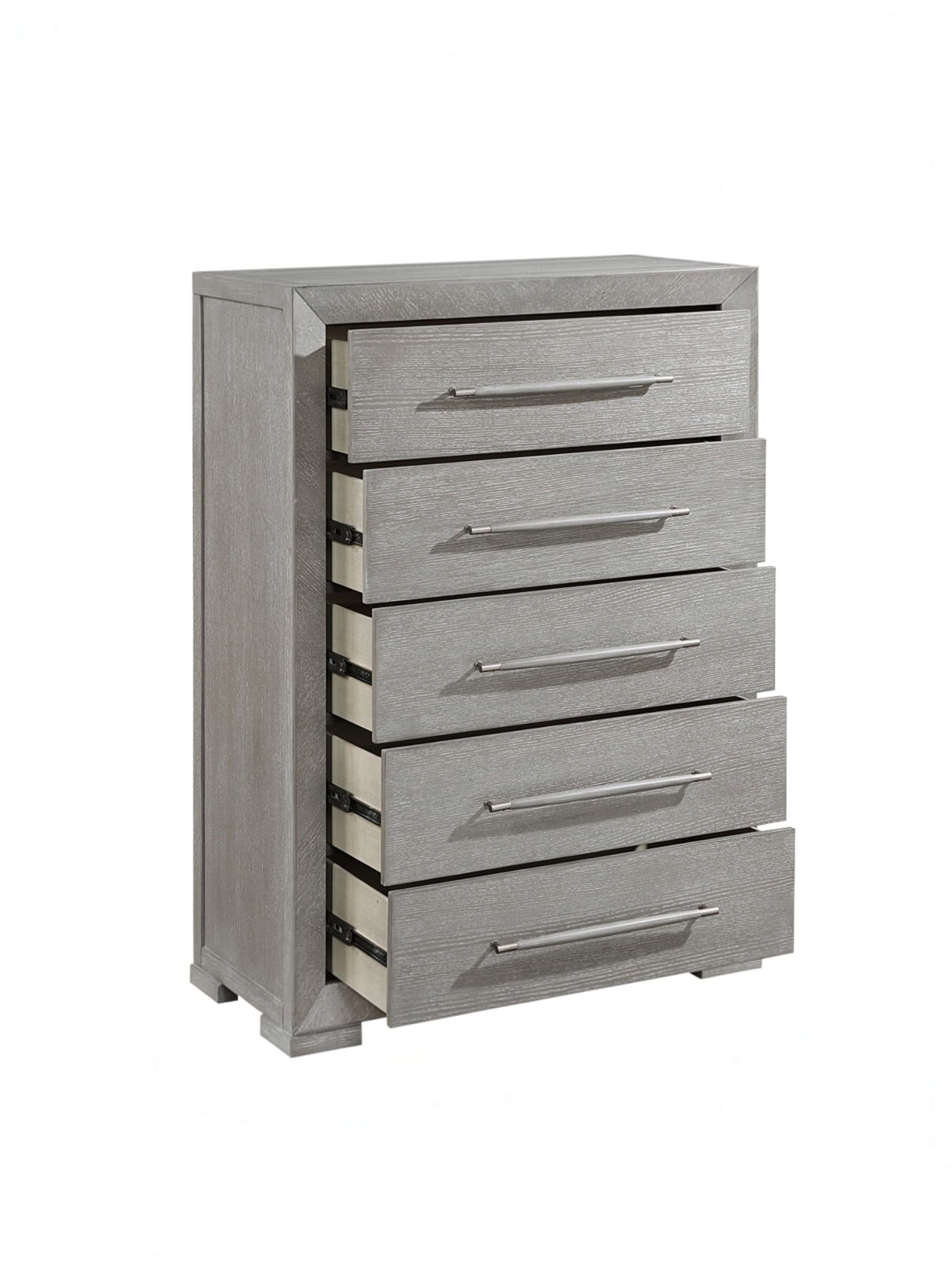 Commode haute TOCO Meubles Arthur grise avec cinq tiroirs et poignées en bois, en placage de chêne embossé.
