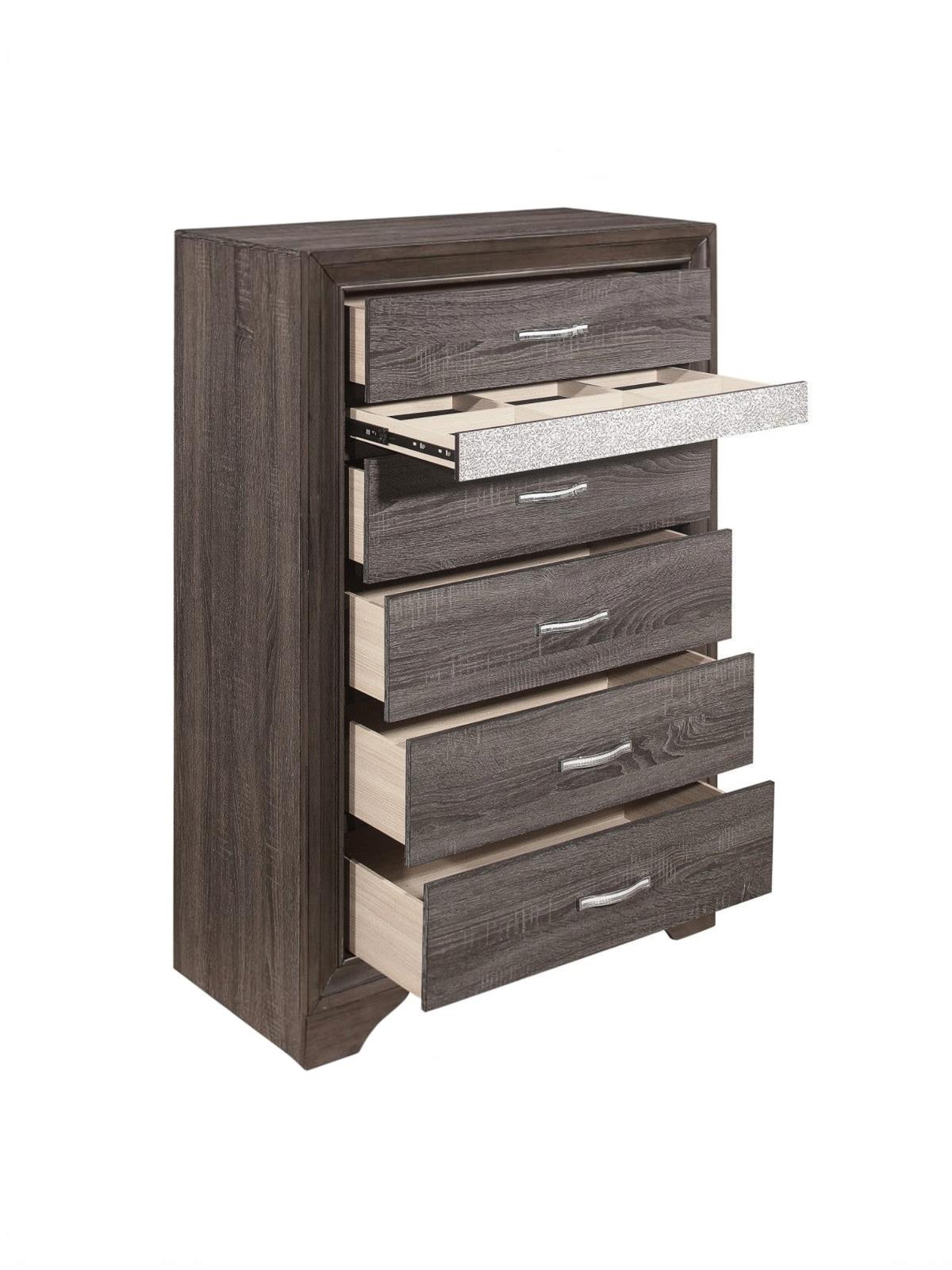 Commode haute Ines TOCO Meubles grise avec tiroirs, bande argentée pailletée et poignées chromées à faux cristaux