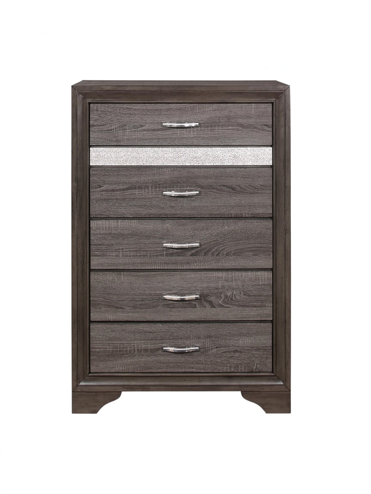 Commode haute Ines TOCO Meubles grise avec cinq tiroirs, bande pailletée argentée et poignées chromées à cristaux