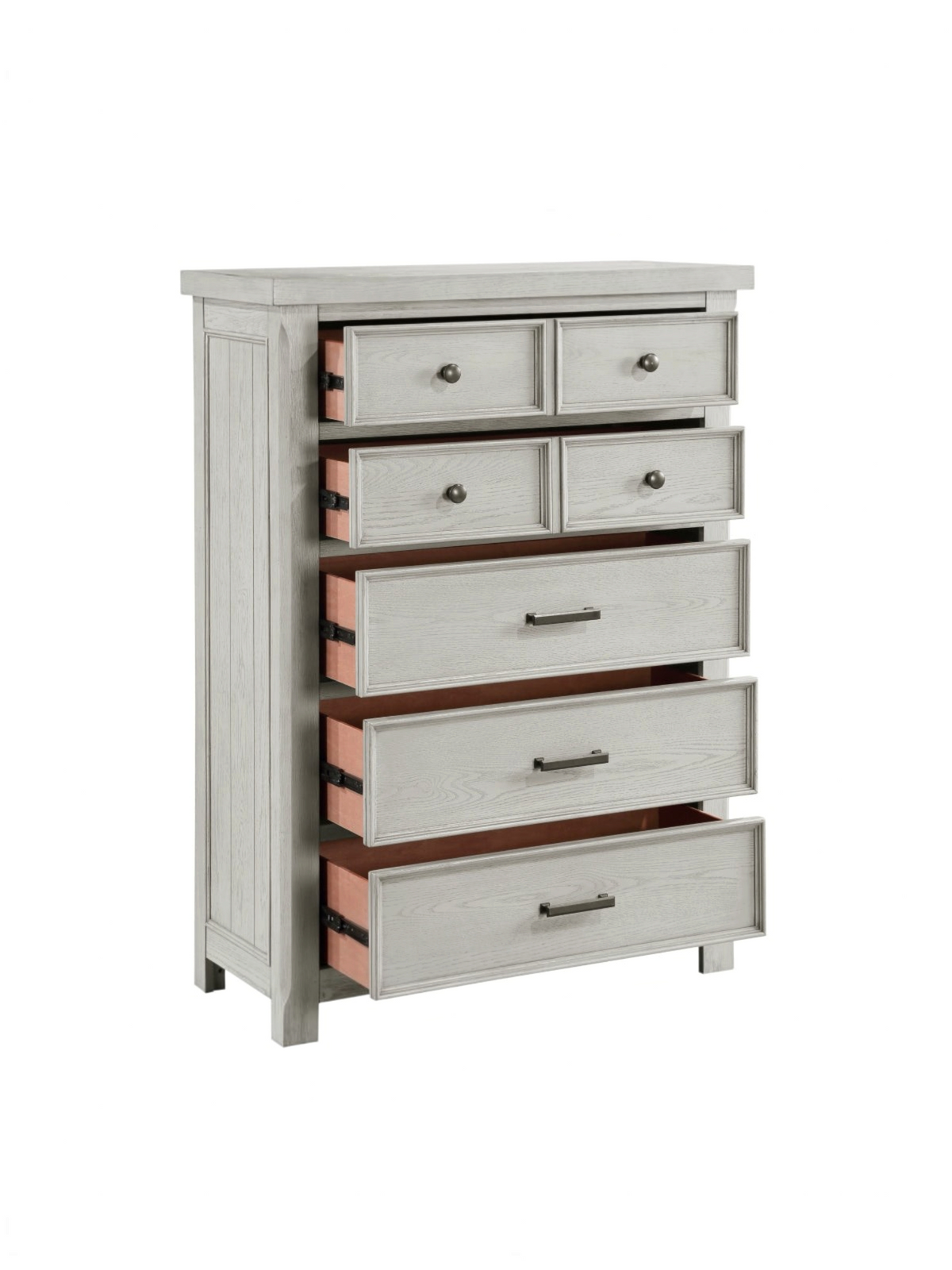 Commode haute Lucie TOCO Meubles en placage de chêne gris pâle avec cinq tiroirs et poignées noires antiques