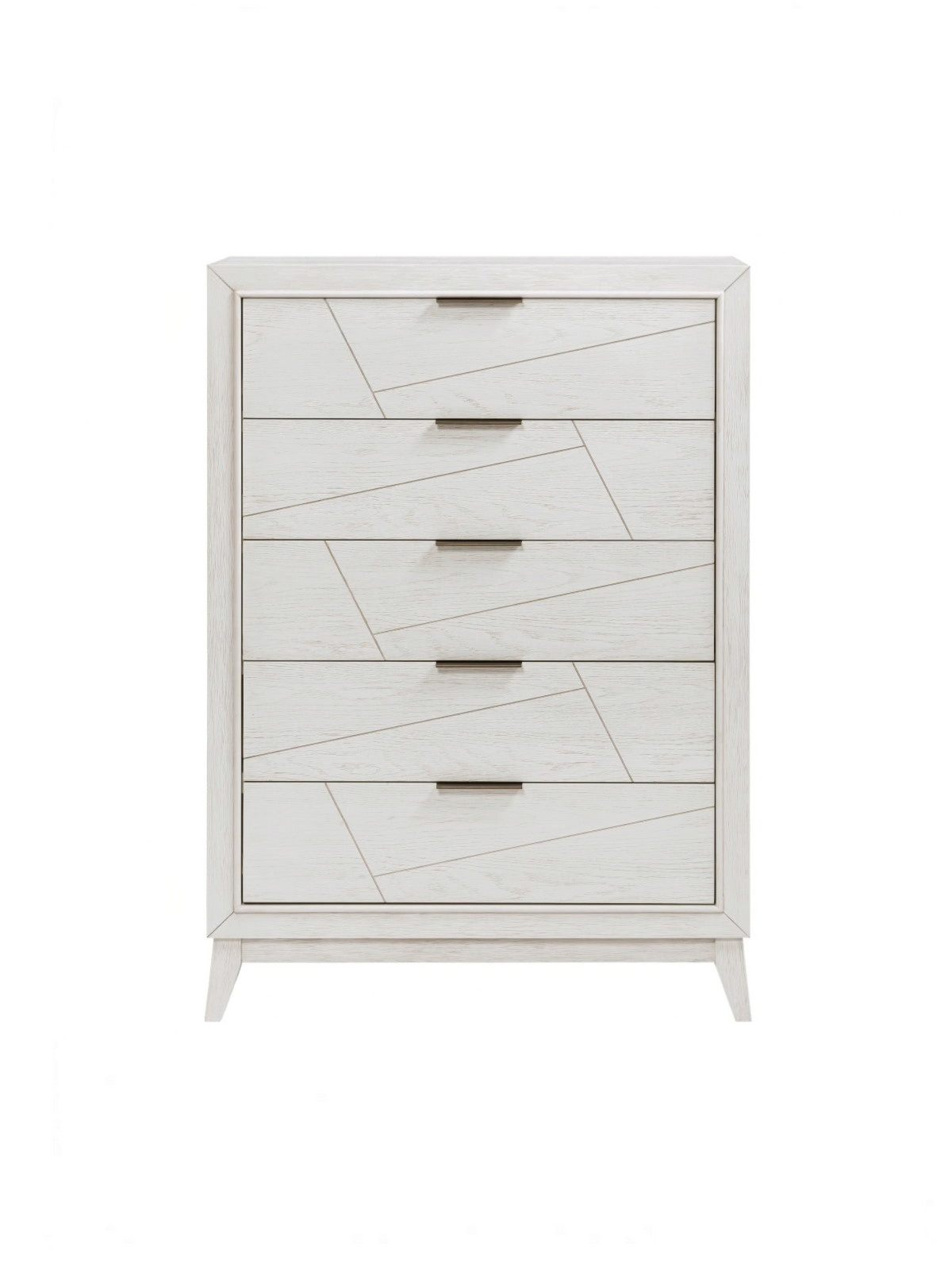 Commode haute Iris TOCO Meubles à cinq tiroirs en bois blanc antique avec rainures géométriques et poignées noires