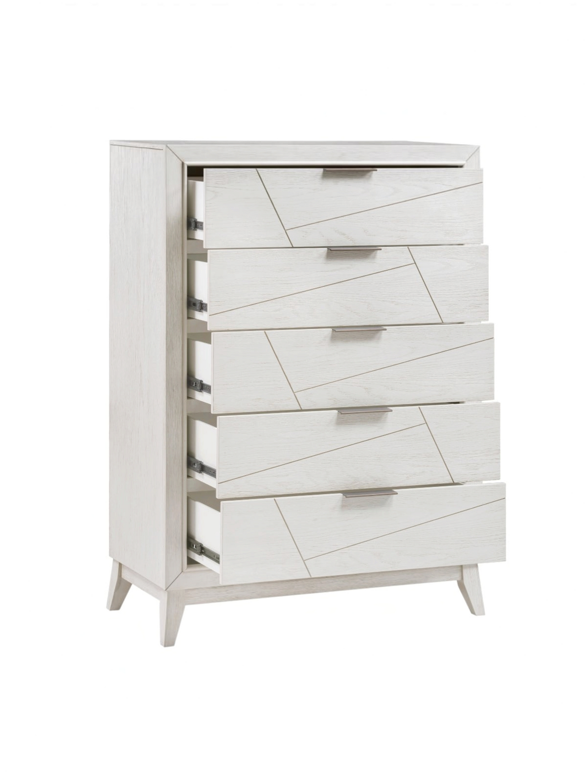 Commode haute Iris TOCO Meubles à cinq tiroirs en bois blanc antique avec rainures géométriques et poignées noires