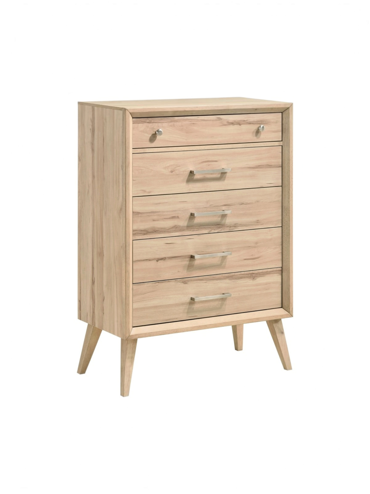 Commode haute TOCO Meubles Joaquin en chêne naturel avec cinq tiroirs et poignées en nickel brossé style mid-century