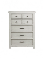 Commode haute TOCO Meubles Lucie en placage de chêne gris pâle avec cinq tiroirs et poignées noires antiques