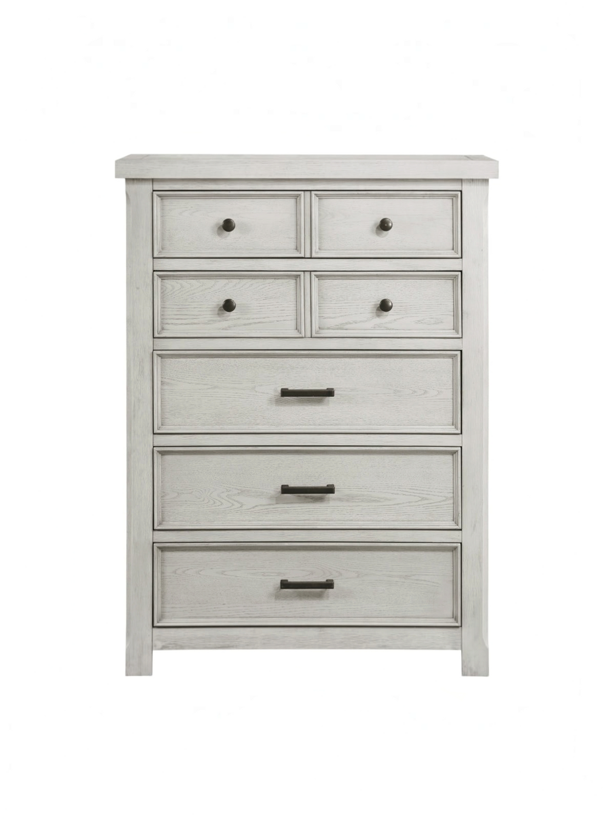 Commode haute TOCO Meubles Lucie en placage de chêne gris pâle avec cinq tiroirs et poignées noires antiques